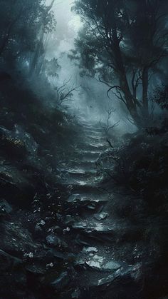 a dark forest with rocks and trees on the ground