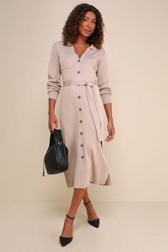 When it comes to autumn aesthetics we say the cozier the better, and that is why the Lulus Charming Comfort Beige Collared Button-Up Sweater Dress is an optimal fall 'fit! This chic sweater knit dress starts with a classy collared neckline and long sleeves. A functional button placket and a front patch pocket accent the figure-flaunting bodycon silhouette that falls to a midi hem with twin side slits. A matching tying sash cinches at the waist for a perfect, adjustable fit! Fit: This garment fit Chic Long Sleeve Shirt Dress For Winter, Chic Beige Shirt Dress For Fall, Winter Midi Dress With Buttons For Office, Winter Workwear Button-up Midi Dress, Winter Collared Dress With Button Cuffs, Winter Office Button-up Dress, Winter Dresses With Button Cuffs And Collar, Fall Office Dresses With Buttons, Winter Office Dress With Button Closure