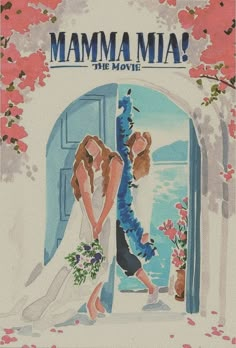 a watercolor painting of two people in front of a doorway with the words mamma mia on it