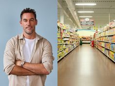 a man is standing in the aisle of a grocery store with his arms crossed and looking at the camera