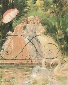 an image of three women on a bridge with swans