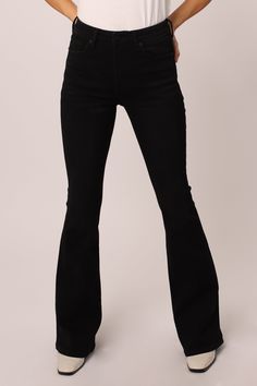 High rise flare leg jeans. It's the darling fit that sits slightly lower on the waist and fitted skinny in the hips through the knee. Full inseam on super stretch black denim accented with hand sanding whiskers & lightly sanded for that classic worn look.10" Front Rise (include waistband), 21 1/2" Leg Opening, 34" inseam (Size 27) 58% COTTON 29% POLYESTER 12% VISCOSE 1% SPANDEX Machine wash cold, Tumble dry low Imported Zip fly and button closure Five-pocket style Southern Fashion, High Rise Flare Jeans, Bootie Sandals, Flare Leg Jeans, Cropped Flares, Top Graphic Tees, Short Sleeve Bodysuit, Low Rise Jeans, High Rise Jeans