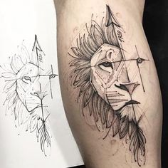 a tattoo on the leg of a man with a lion head and arrows in it