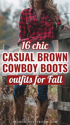 a woman wears casual brown cowboy boots outfits for fall. western outfits Rainy Day Skirt Outfit Fall, Ways To Style Cowgirl Boots, Jean Dress With Boots Cowgirl, Cowgirl Outfits With Flannel, Flannel Shirt Cowboy Boots Outfit, How To Style Brown Cowgirl Boots, Brown Cowboy Boots Dress Outfit, Tshirt Jeans Cowboy Boots Outfit, Leather Leggings And Cowboy Boots Outfit