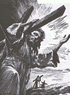 a black and white drawing of jesus carrying the cross