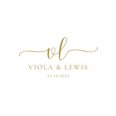 the logo for viola and lewis's wedding photographer in gold foil on white paper