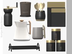 an assortment of coffee accessories including cups and kettles