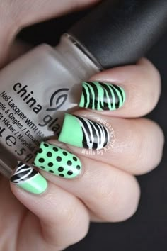 Mix and Match Zebra and Polka Dot Nail Art Brads Hair, Green Nail Art Designs, Wild Nails, Polka Dot Nail Art, Dot Nails, Poka Dot, Green Nail Art, Dot Nail Art, Green Nail