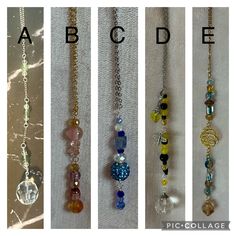 four different types of necklaces with the letters abc, c, d and e