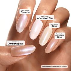 Chrome Glaze: A lakur finish that instantly transforms polish from crème-to-chrome Cotton Candy Chrome Nails, Cream Chrome Nails, Champagne Chrome Nails, Neutral Chrome Nails, Neutral Fall Nail Colors, Irridescent Nails, Chrome Nail Colors, New Effect, Chrome Nail Designs