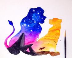 two cats sitting next to each other on top of a white surface with stars in the sky