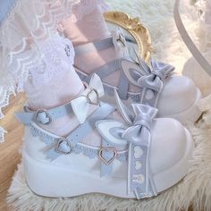 Fabric Material: PuColor: Pink. BlueHeels Height: 5.5cm/2.17" Cute Blue Shoes, Bow High Heels, Pink Platforms, Clueless Outfits, Kawaii Shoes, Blue Heels, Rabbit Ears, Shoes Pumps, Really Cute Outfits