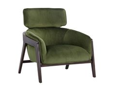 an upholstered green chair with dark wood legs and arms, viewed from the front