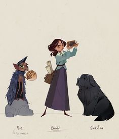 a woman standing next to two dogs and an owl