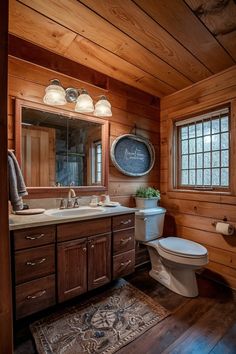 a bathroom with wood paneling and wooden floors