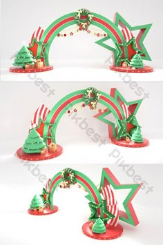 three different angles of a christmas display with trees and stars on it, all in green and red