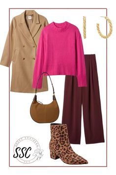 Pair a fun bright pink sweater wtih burgundy pants for a stylish winter outfit. Complete with leopard ankle boots and a camel coat or blazer. Winter outfits for women, sweater outfit. Blazer Winter Outfits For Women, Fall Weather Outfits, Pink Sweater Outfit, Bright Pink Sweater, Winter Outfits For Women, Leopard Ankle Boots, Burgundy Pants, Stylish Winter Outfits, Leopard Shoes