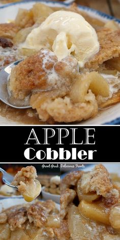 an apple cobbler on a plate with a spoon in it and the title overlay reads, apple cobbler