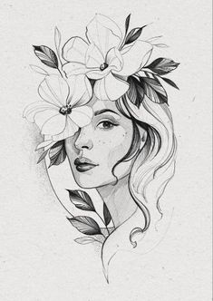 a drawing of a woman with flowers in her hair