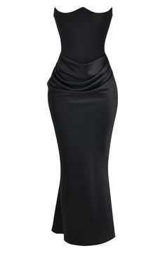 A mix of satin and crepe lend lots of texture to this strapless cocktail dress with signature corsetry built in for extra support. Exclusive retailer Back-zip closure Strapless Lined 75% acetate, 25% polyester with 100% polyester contrast Dry clean Imported Corset Cocktail Dress, Corset Prom Dress, Corset Dress Prom, Satin Corset, Outfit Dress, House Of Cb, British Indian, Special Occasion Dresses, Occasion Dresses