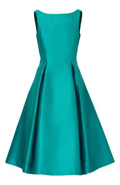 A gorgeous sheen brightens the hue of a mikado party dress styled with princess seams to shape the fitted bodice and crisp box pleats for a flared finish. The elegant bateau neck dips to a V in back for a head-turning exit. 45 1/2" length (size 8) Hidden back-zip closure Bateau neck Sleeveless Side-seam pockets Lined 100% polyester Dry clean Imported Mikado Silk, Box Pleat Dress, Short Flare Dress, Pleat Dress, Flare Midi Dress, Western Dress, Cut Dress, Bateau Neck, Feminine Fashion