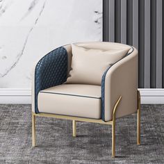 a beige chair with blue trim in front of a marble wall and grey carpeted floor