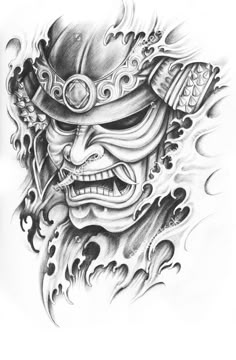 a drawing of a japanese mask with fire coming out of it's mouth and eyes