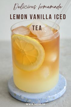 a lemon vanilla iced tea on a blue plate