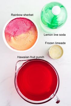 ingredients to make rainbow jello on a white table with text overlay that reads, rainbow jello