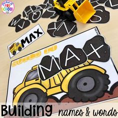 construction themed name and word matching game for toddlers to practice building words with trucks