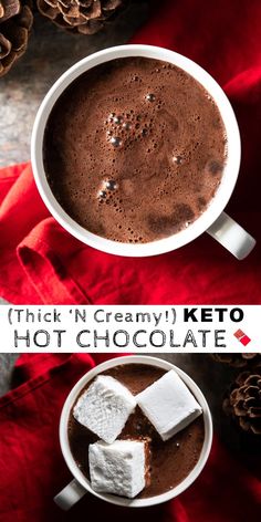 hot chocolate in a mug with marshmallows on the side and text overlay that reads thick n creamy keto hot chocolate