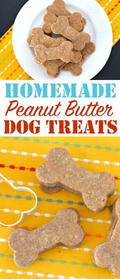 homemade peanut butter dog treats on a yellow and white tablecloth with text overlay