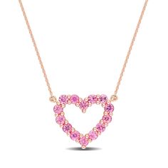 Bring romantic detail to all your favorite looks when you wear this sweet pink sapphire outline heart necklace in rose gold. Crafted in precious 10K rose gold Bright pink sapphires line this classic open heart design. The style suspends centered along a cable chain that secures with a spring-ring clasp. 17.0-inch total length. Pink Open Heart Necklace For Anniversary, Peoples Jewellers, Love Rose, I Love Jewelry, Sapphire Stone, Open Heart, Pink Stone, Pink Opal, Bling Bling