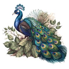 a peacock with feathers and green leaves on it's back, standing in front of a white background