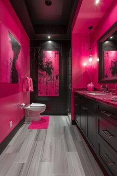 a bathroom with pink walls and white floors