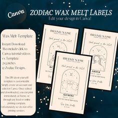 three cards with the words zodiac wax melt labels on them