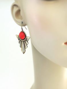 "Vintage Jewelry - Art Deco Earrings - Vintage Earrings - Black and White Earrings - Chevron Earrings - Brass Earrings - handmade jewelry So bold and beautiful! Large vintage brass Art Deco earrings embellished with bright red glass stones. So chic! Chloe says, Wear them and feel fabulous!\" They measure 2 1/4\" long from the top of the ear wire 1 1/4\" wide Thanks you for visiting Chloe's" Artistic Red Jewelry For Jewelry Making, Red Nickel-free Chandelier Earrings As Gift, Vintage Red Brass Earrings, Red Brass Earrings With Ear Wire, Vintage Red Sterling Silver Earrings, Red Vintage Sterling Silver Earrings, Handmade Red Plug Earrings As Gift, Red Metal Drop Earrings, Red Brass Drop Earrings