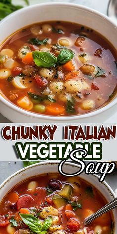 two bowls of chunk italian vegetable soup with the title above it in red and white