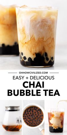 the ingredients for chai bubble tea are shown in this collage with text overlay