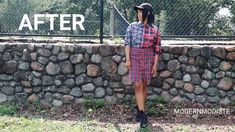 a woman standing in front of a stone wall with the words, before and after