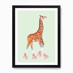 a giraffe with pink roller skates on it's feet in front of a green background