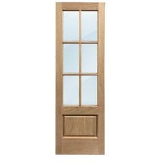 a wooden door with glass panels on the front and side panel, against a white background