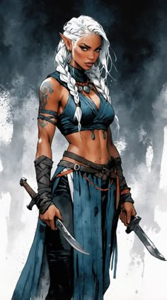 a drawing of a woman with white hair and tattoos holding two swords in her hands