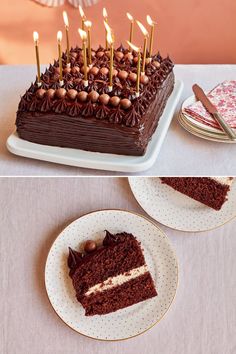 two plates with slices of chocolate cake on them, and one has candles in the middle