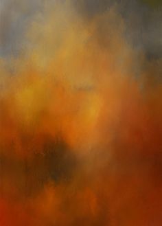 an abstract painting with orange and yellow colors in the sky, on a gray background