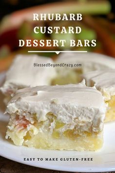 a close up of two dessert bars on a plate with the text rhubarb custard dessert bars