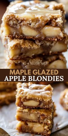 maple glazed apple blondies stacked on top of each other with the title above it