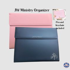 three different colored leather cases with the words jw minister organizer on top and bottom