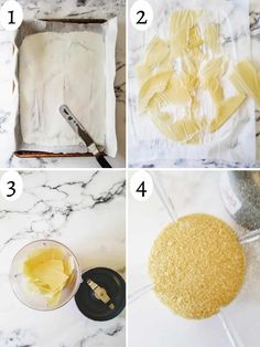 four pictures showing how to make cheese cake