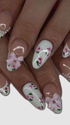 Nail Acrylics Ideas, Cute Simple Back To School Nails Designs, Dainty Girly Nails, Nails Design Funky, Spring Nail Sets Almond, Nail Ideas Flowers Floral Design, Almond Nails Acrylic Design, Cool Nail Inspo Spring, No Design Nails